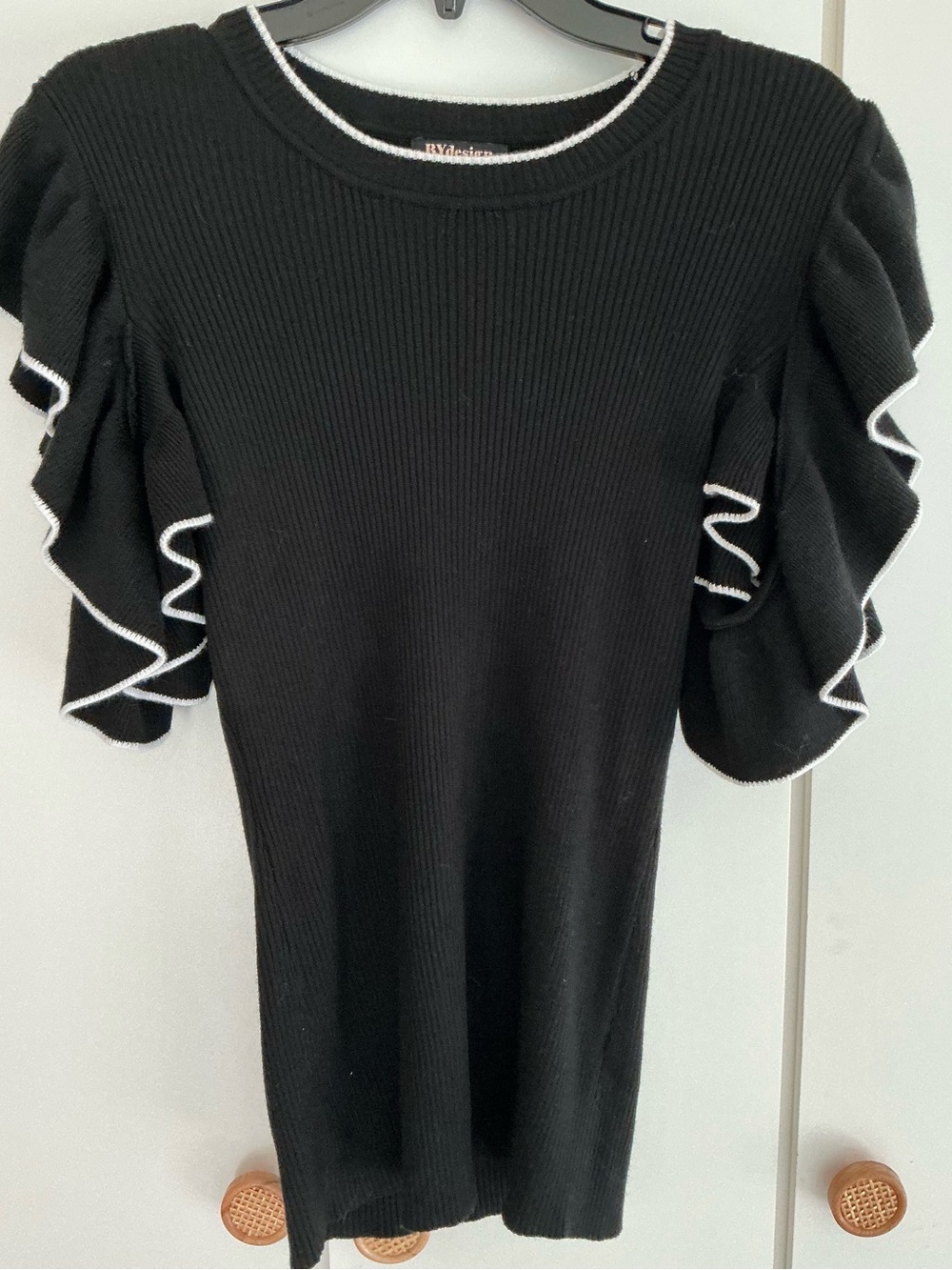 Ruffled Short-Sleeve Ribbed Crewneck Sweater Dress - Black